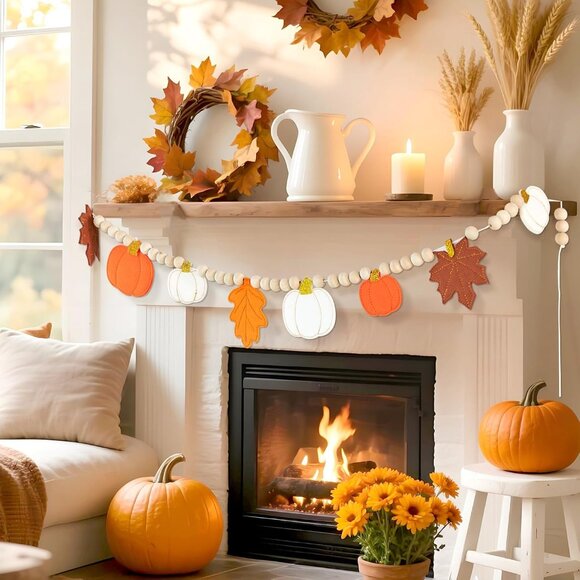 Fall Decorations for Home Felt Pumpkin Garland and Wood Bead Felt Pumpkins Hangi - Picture 5 of 8